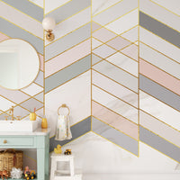 Geometric Shape Golden Effect Marble wallpaper mural above a mint vanity in a kids bathroom