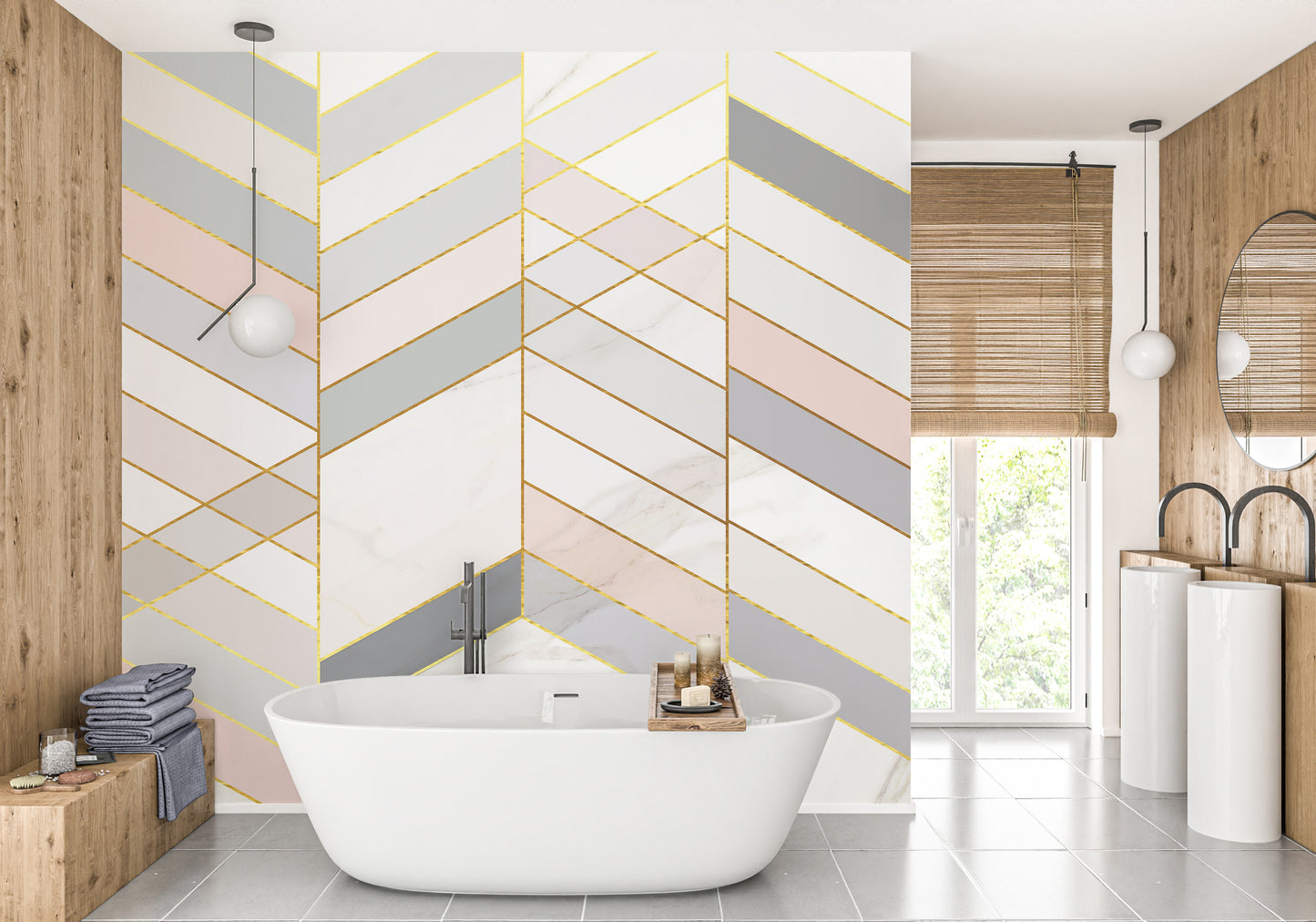 Geometric Shape Golden Effect Marble wallpaper mural behind a white freestanding bathtub in a bathroom