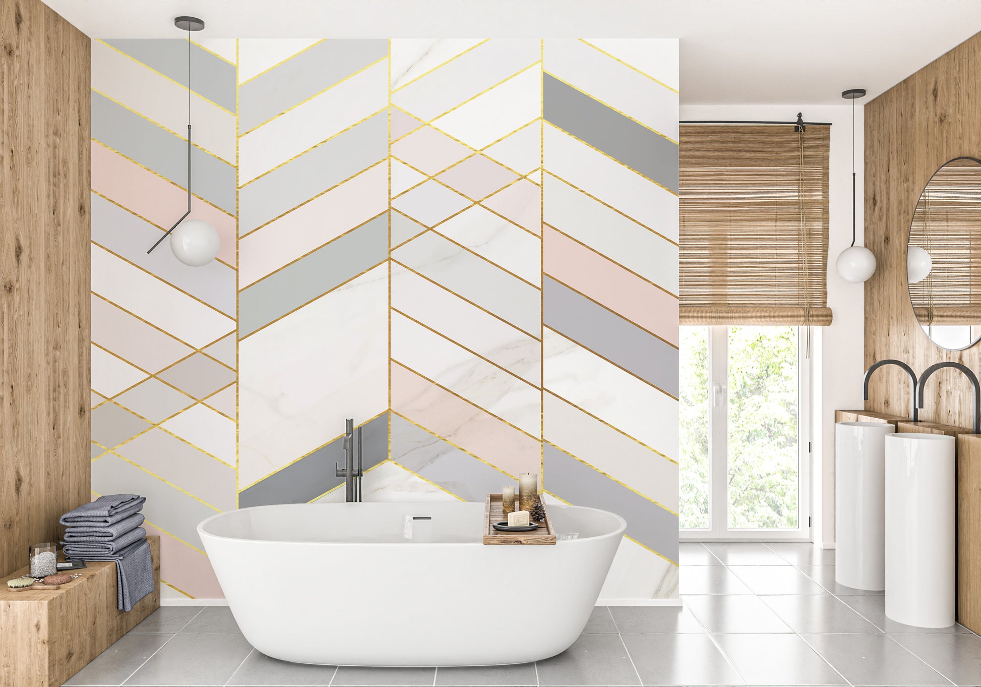 Geometric Shape Golden Effect Marble wallpaper mural behind a white freestanding bathtub in a bathroom