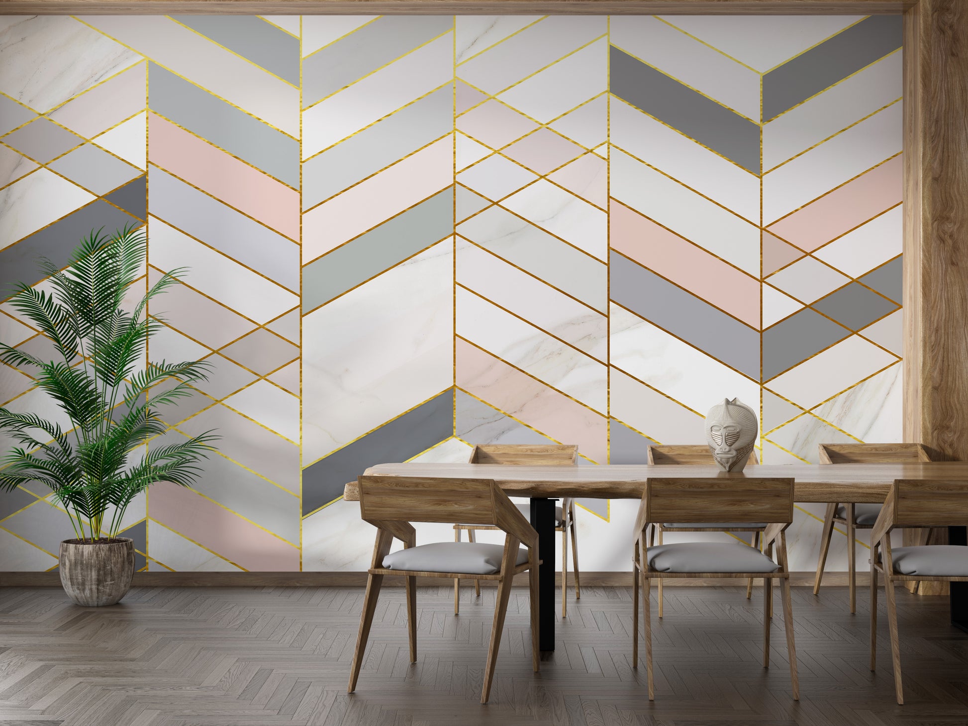 Geometric Shape Golden Effect Marble wallpaper mural behind a long wood dining table and grey chairs