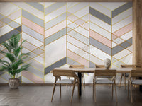 Geometric Shape Golden Effect Marble wallpaper mural behind a long wood dining table and grey chairs