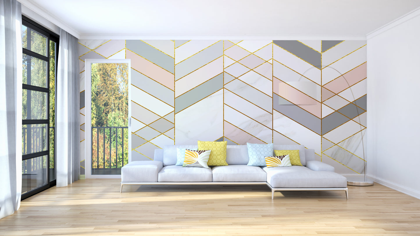 Geometric Shape Golden Effect Marble wallpaper mural behind a grey sectional sofa with yellow pillows