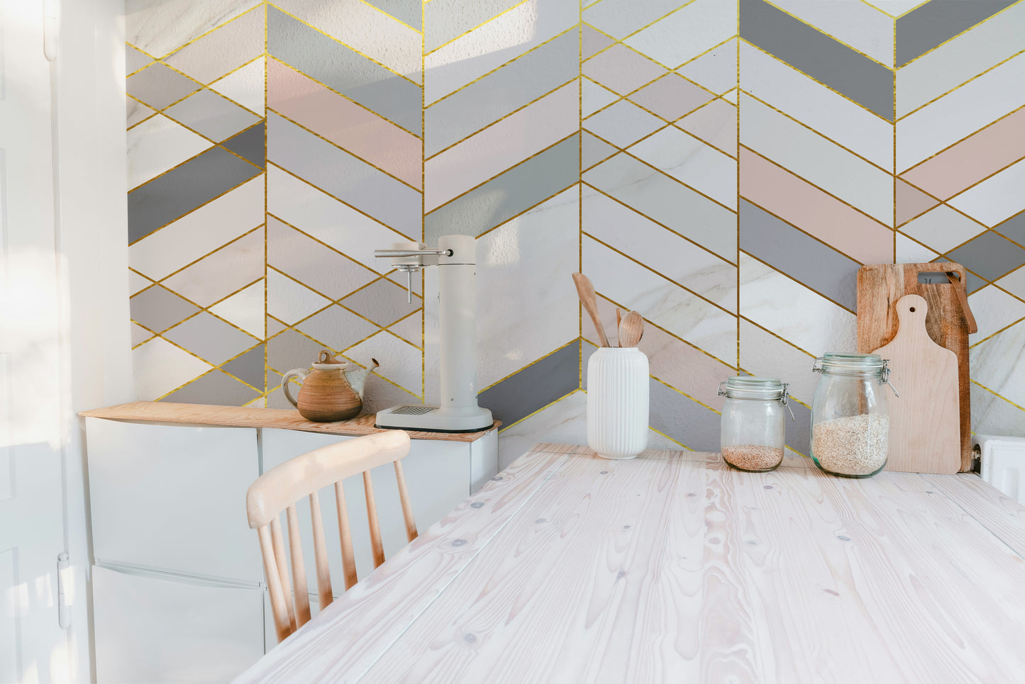 Geometric Shape Golden Effect Marble wallpaper mural in a kitchen corner with jars and cutting boards