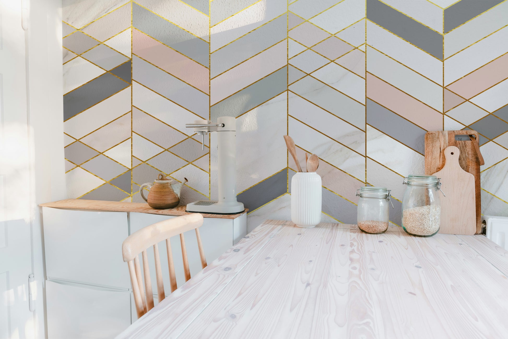 Geometric Shape Golden Effect Marble wallpaper mural in a kitchen corner with jars and cutting boards