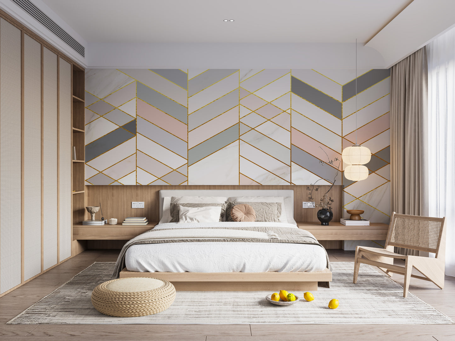 Geometric Shape Golden Effect Marble wallpaper mural with gold lines above a platform bed in a bedroom