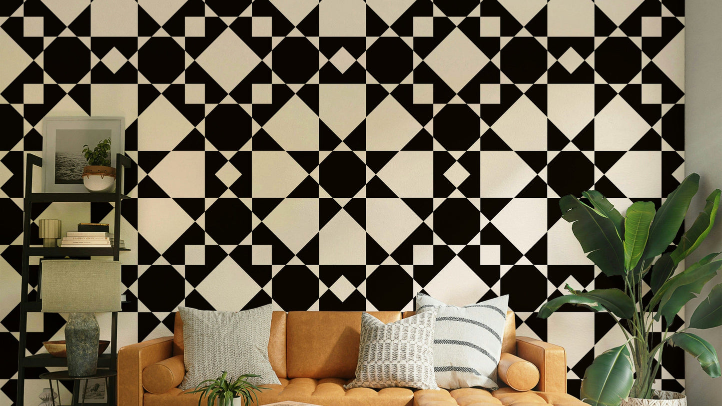 Retro art deco celestial star wallpaper in black cream.
