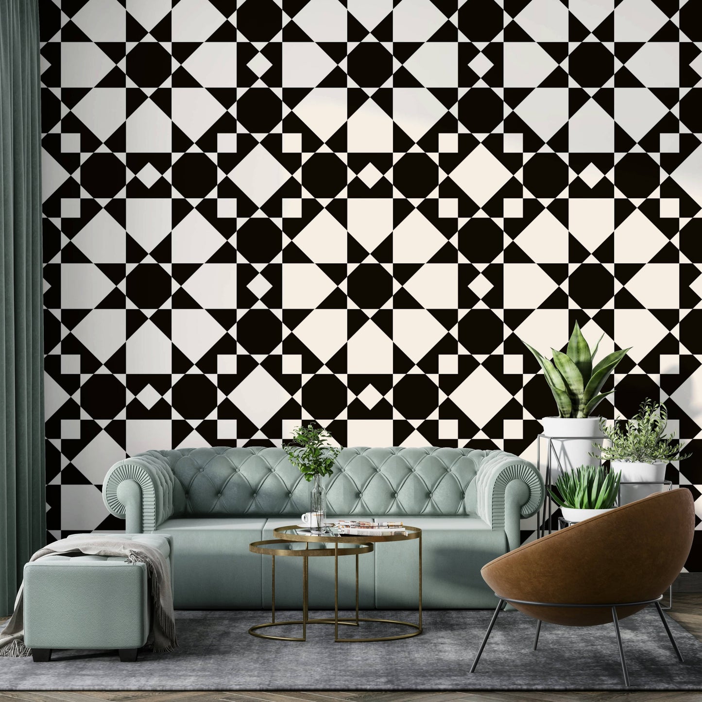 Sophisticated black and white star art deco wallpaper.
