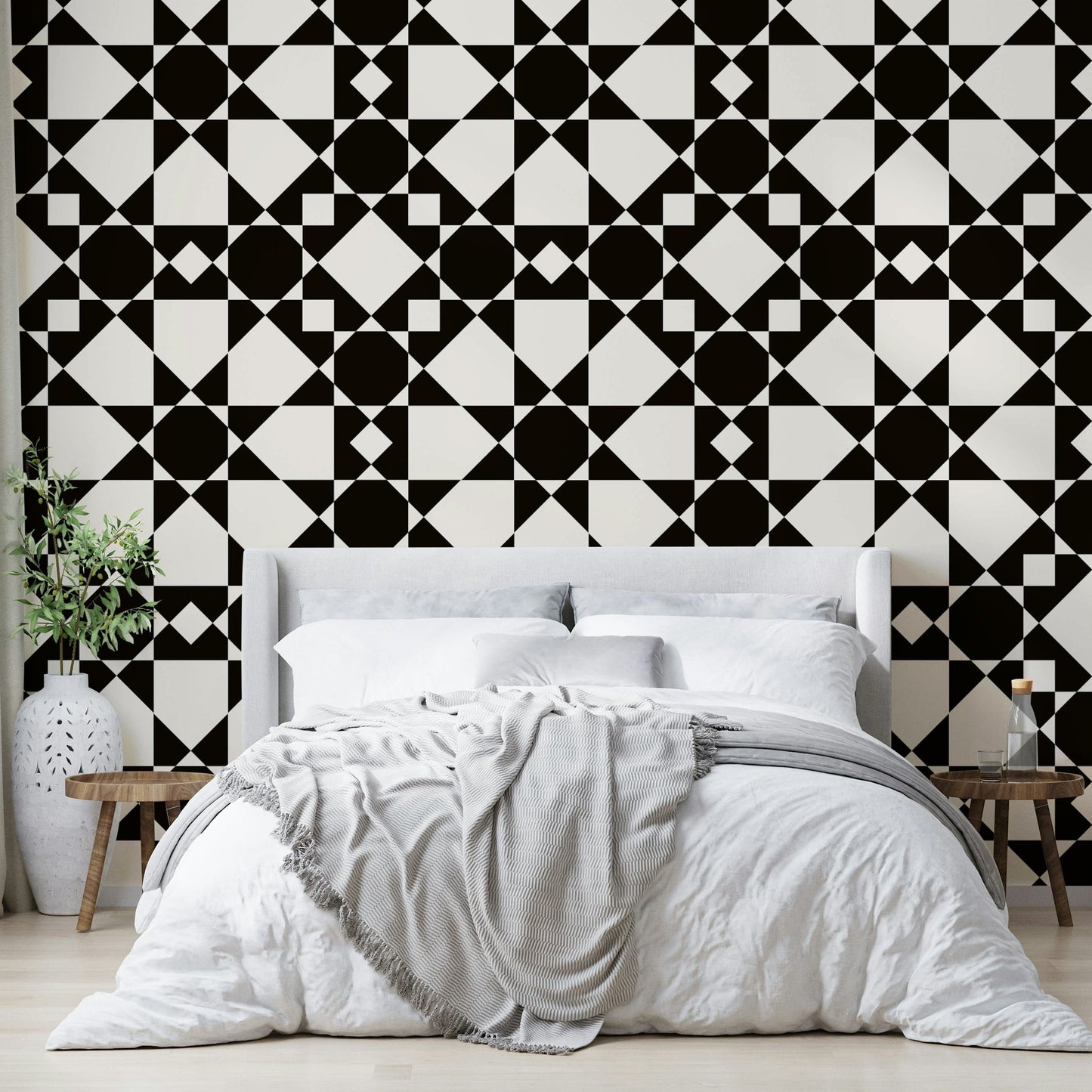 Bold eight-point star art deco wallpaper pattern print.
