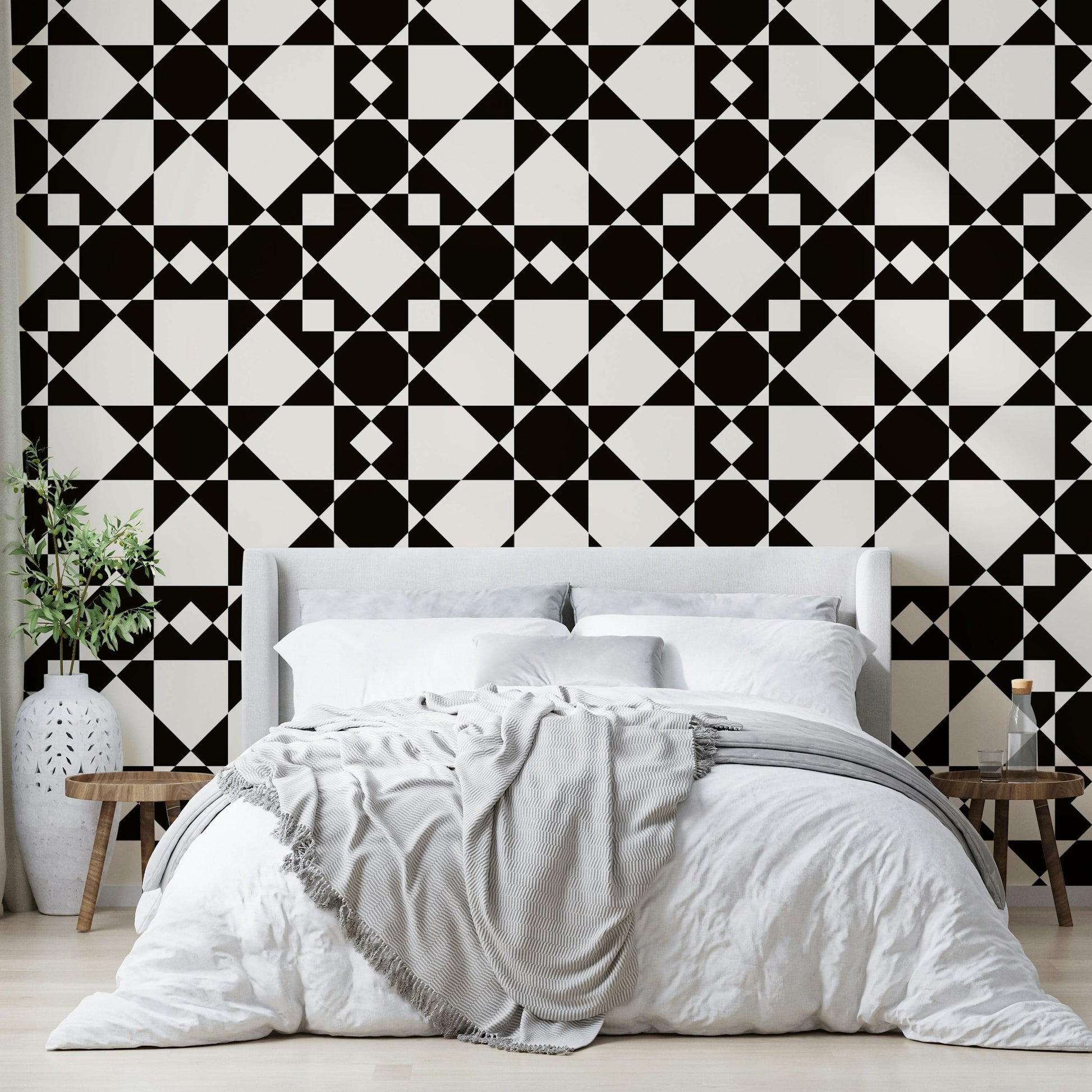 Bold eight-point star art deco wallpaper pattern print.
