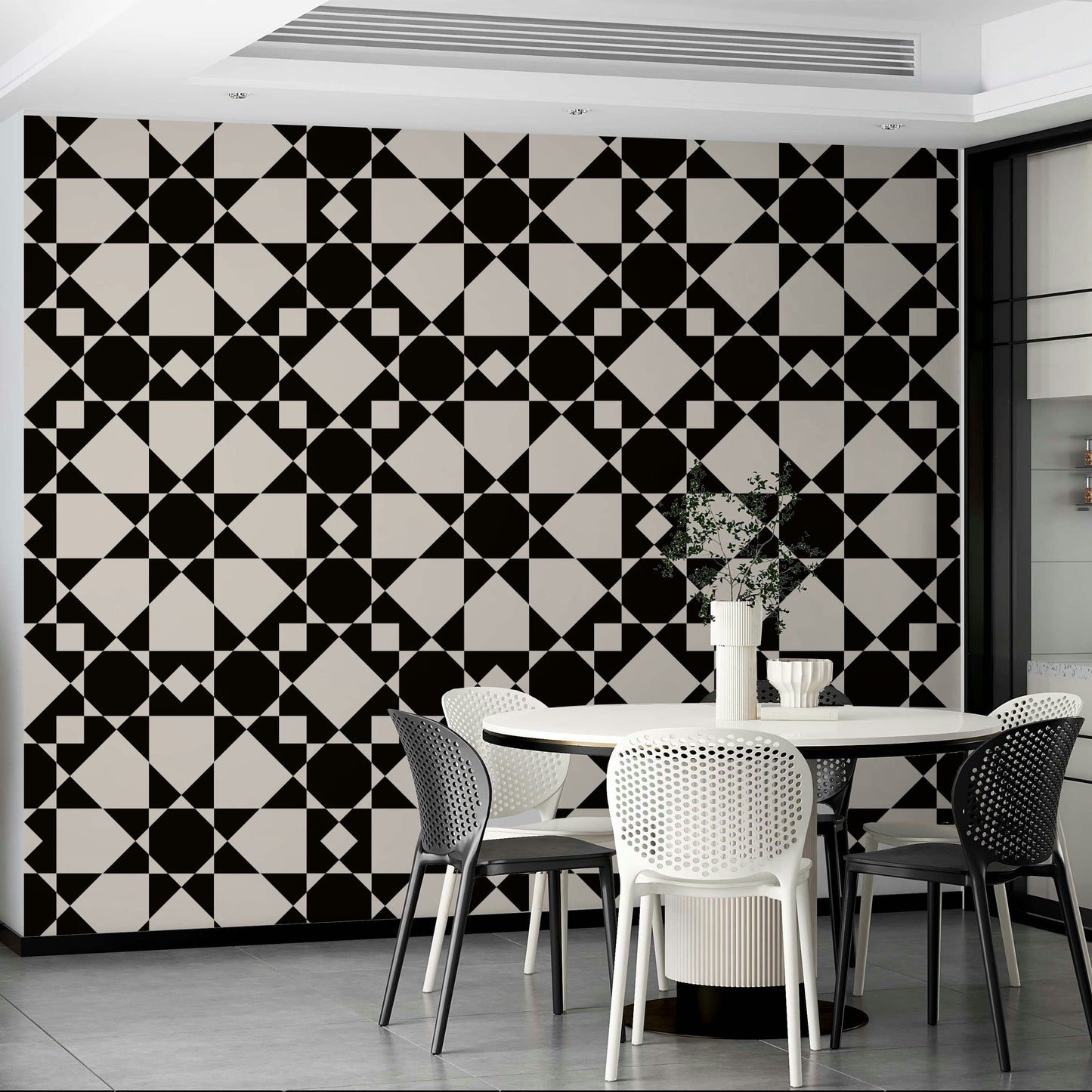 Chic geometric lattice star art deco wallpaper in ivory.
