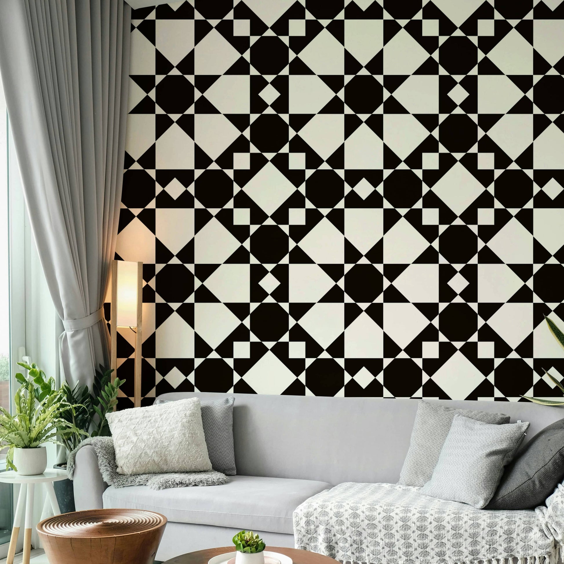 Modernist star tiling art deco wallpaper in monochrome.
