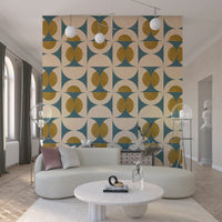 Decorative geometric print wallpaper inspired by retro tile designs.