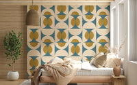 Abstract geometric wall pattern with intersecting curved shapes in muted tones.