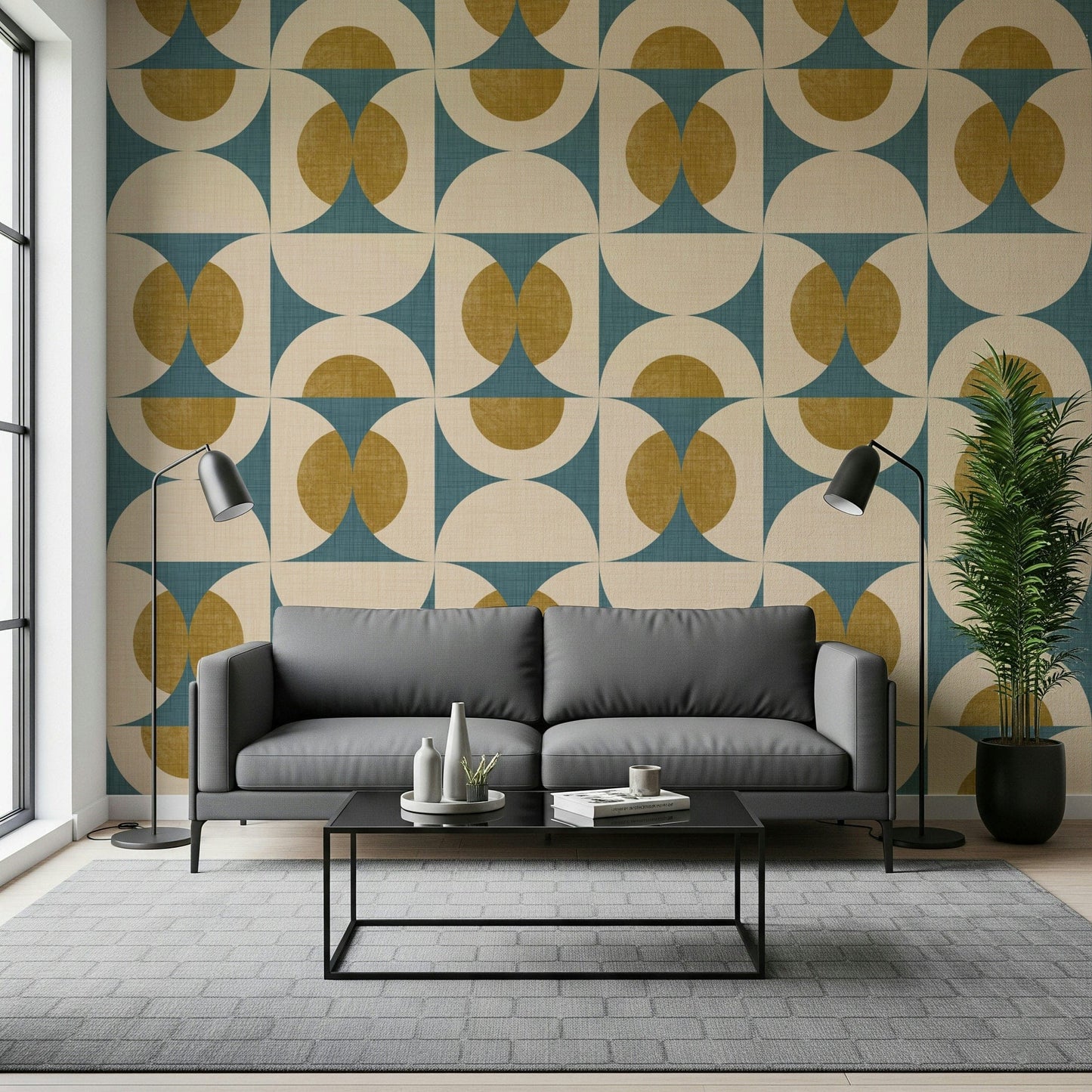 Retro geometric tile wallpaper with blue, mustard, and cream circular patterns.