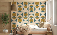 Abstract geometric wall pattern with intersecting curved shapes in muted tones.