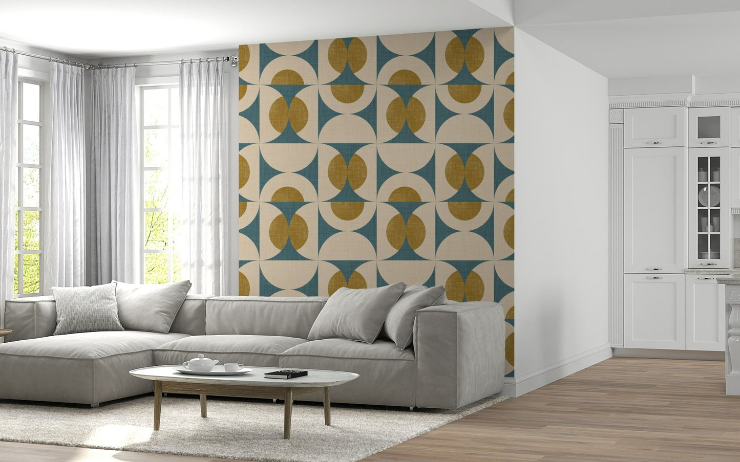 Contemporary wallpaper with repeating arc motifs in a retro color palette.