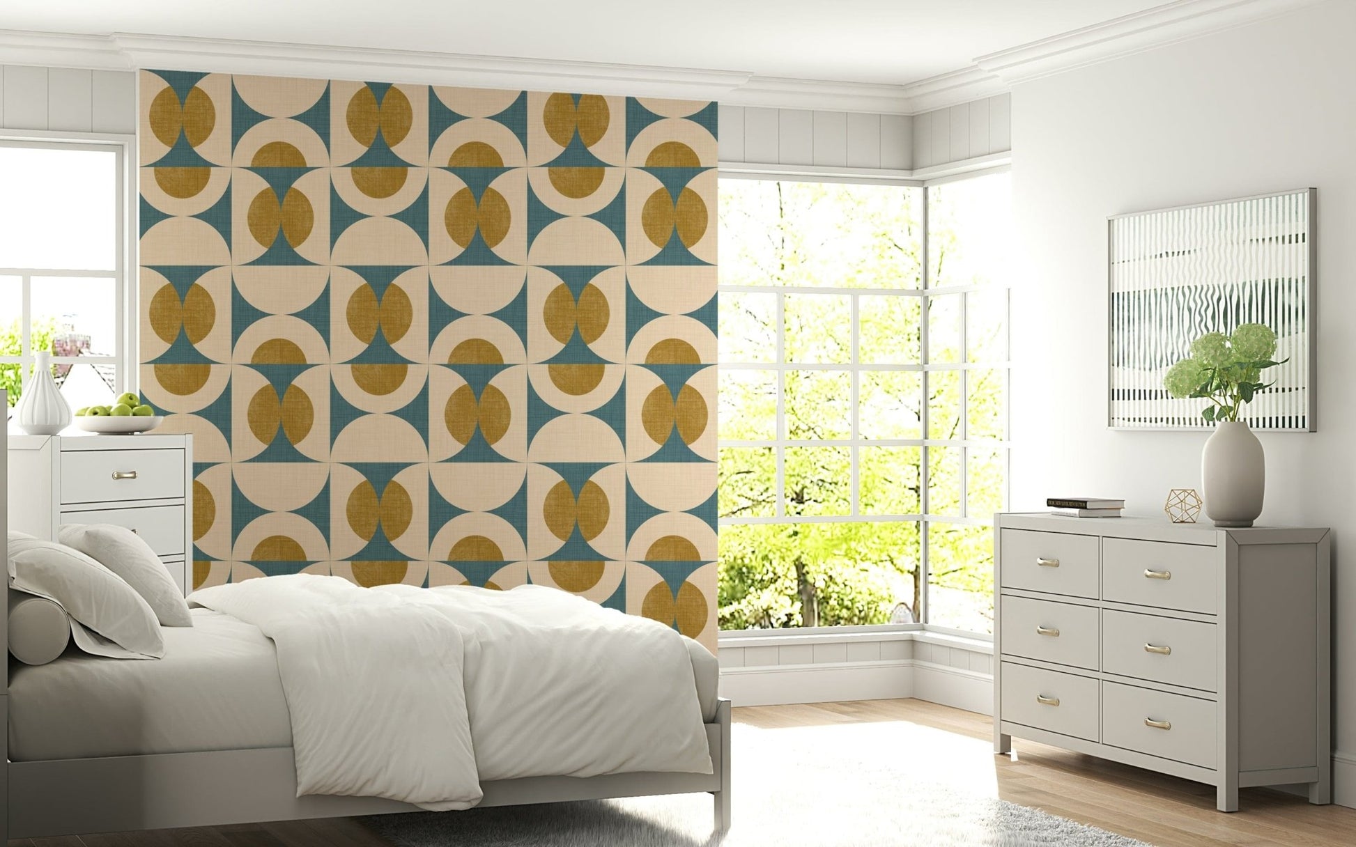 Textured geometric tile wallpaper featuring layered circular designs.