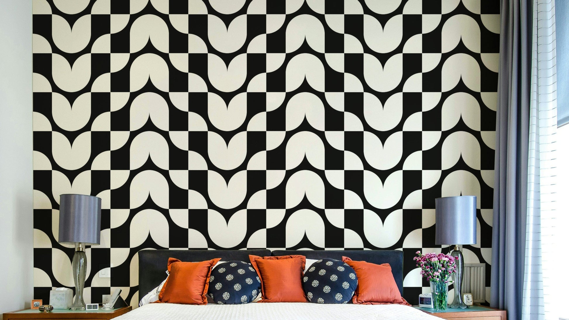 Modern monochrome tulip bloom wallpaper for accent walls.
