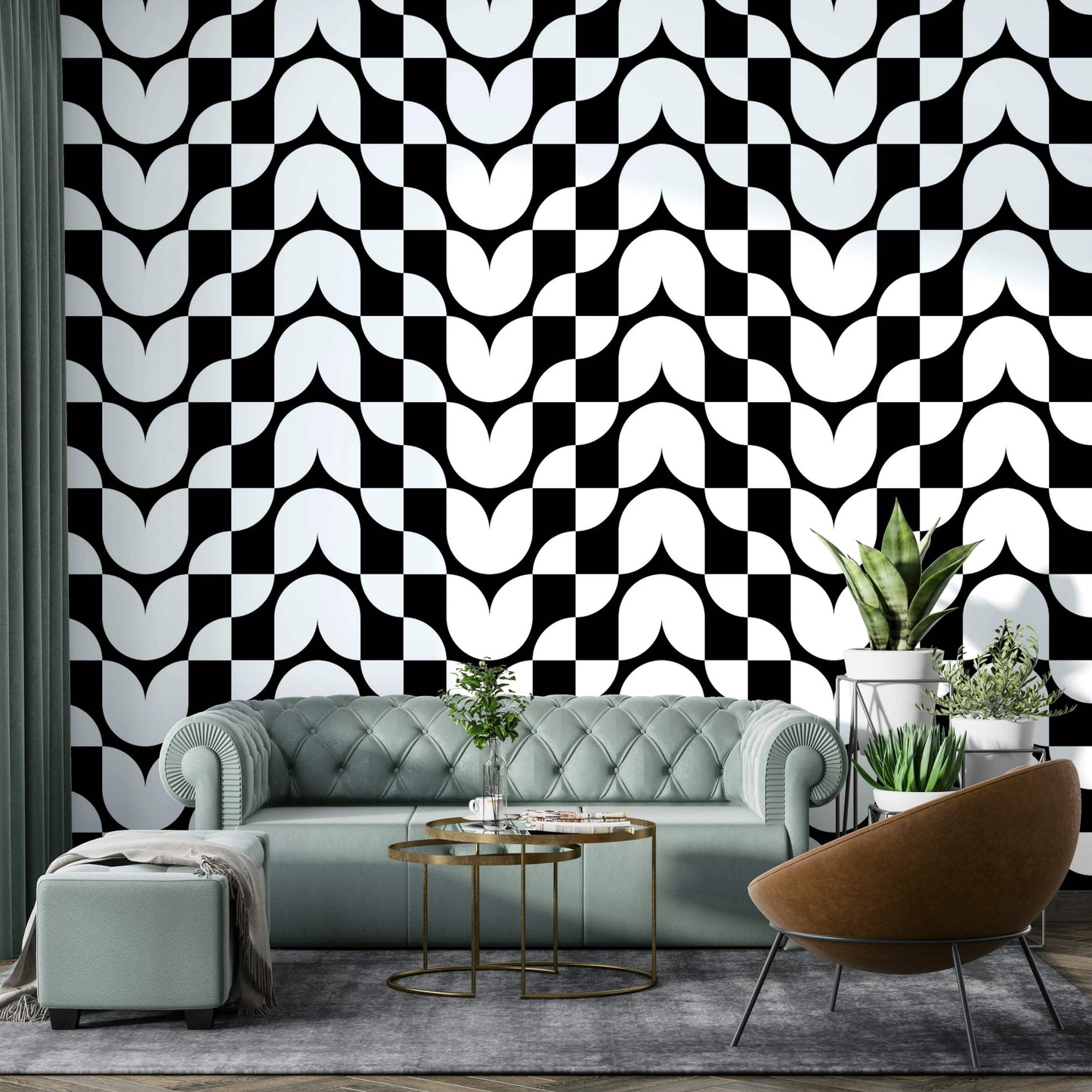 Art deco geometric tulips wallpaper in black and white.
