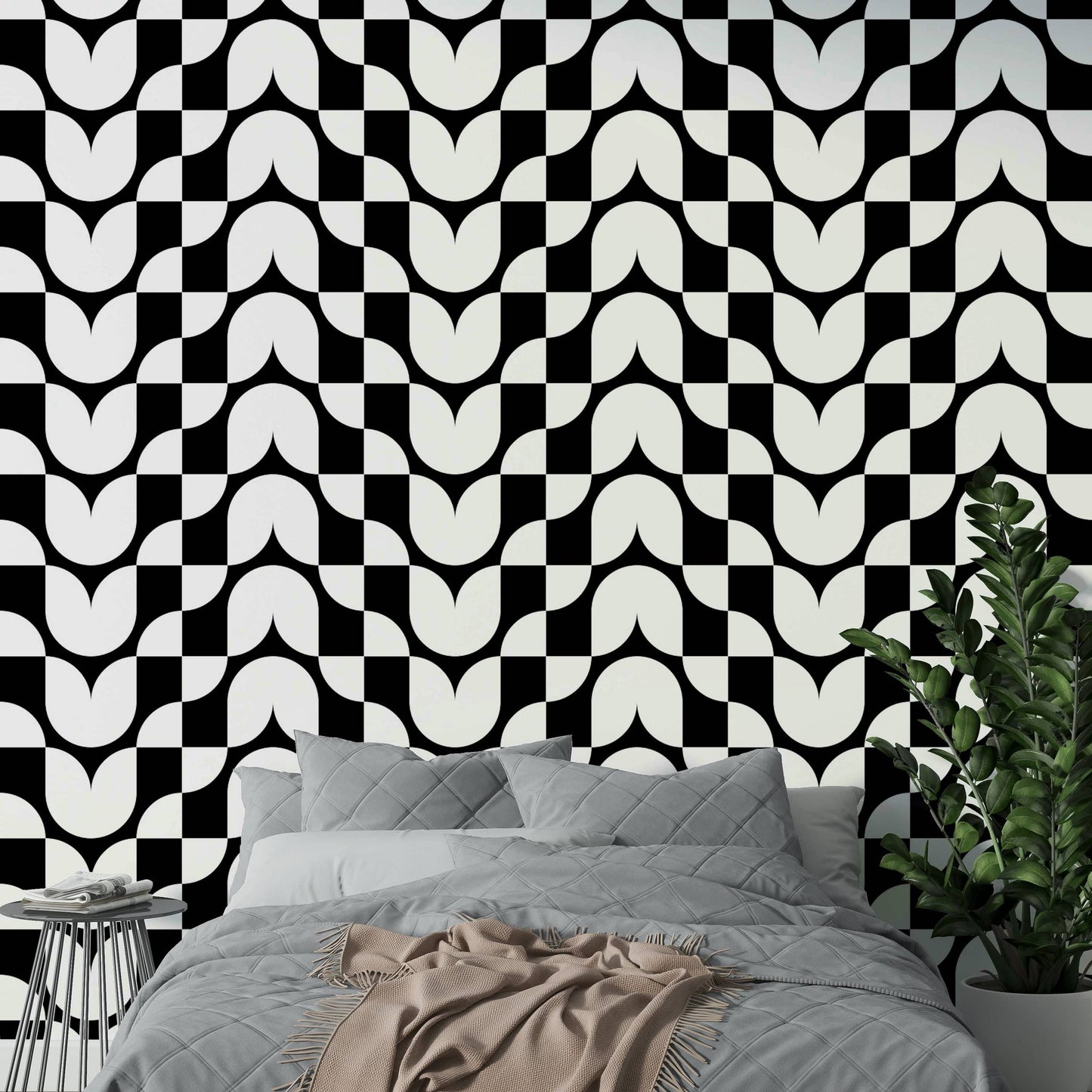 Chic monochrome tulip design wallpaper for bed rooms.
