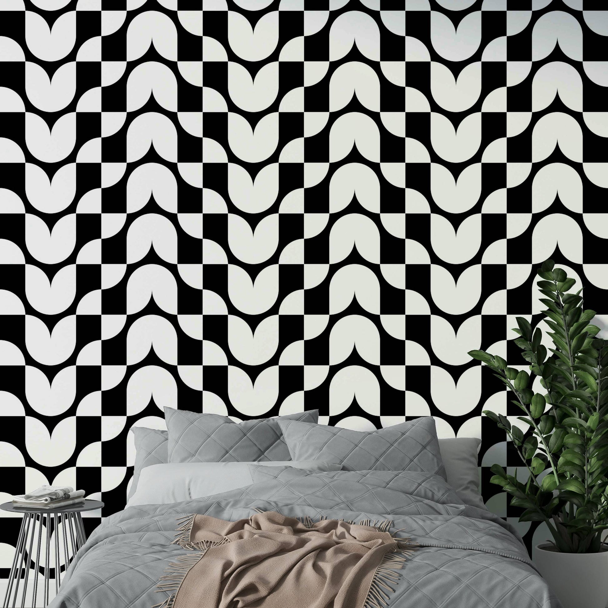 Chic monochrome tulip design wallpaper for bed rooms.
