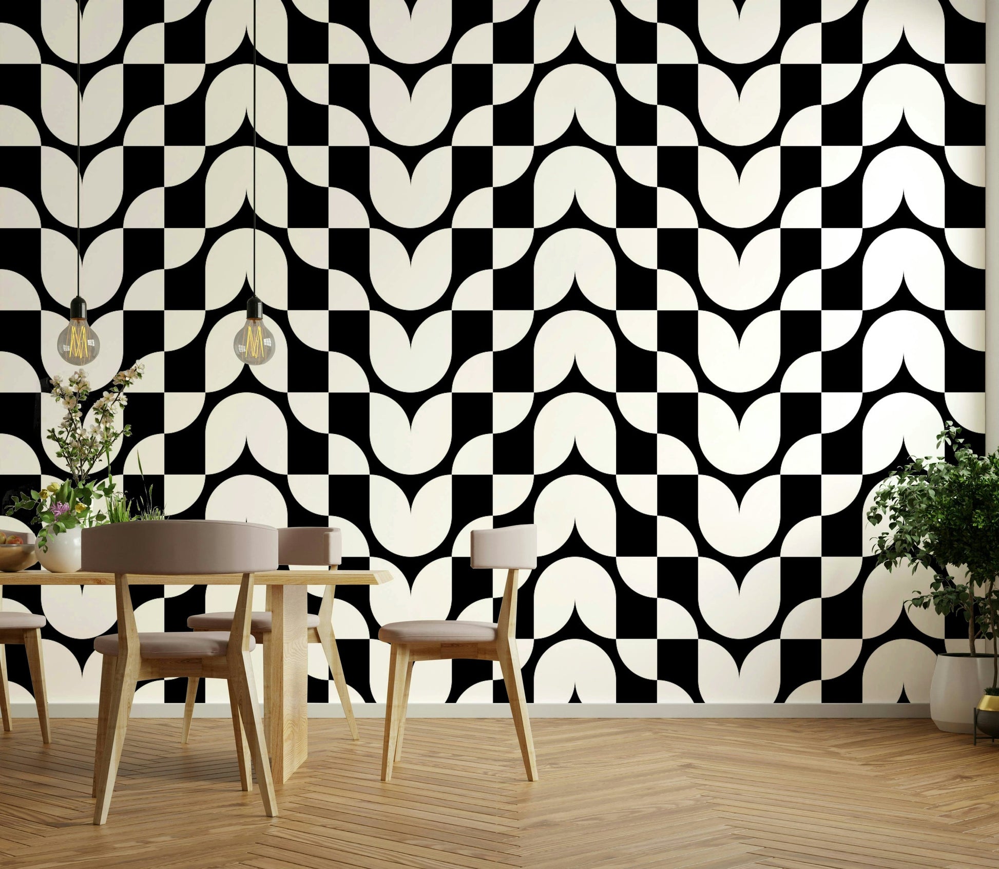 Contemporary geometric tulip print wallpaper in art deco.
