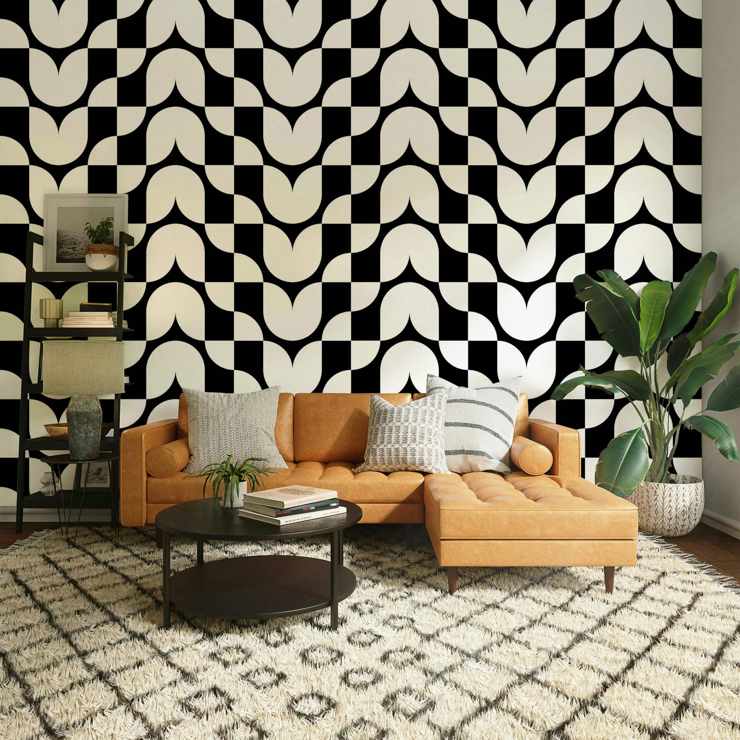 A living room decorated with a geometric wallpaper

