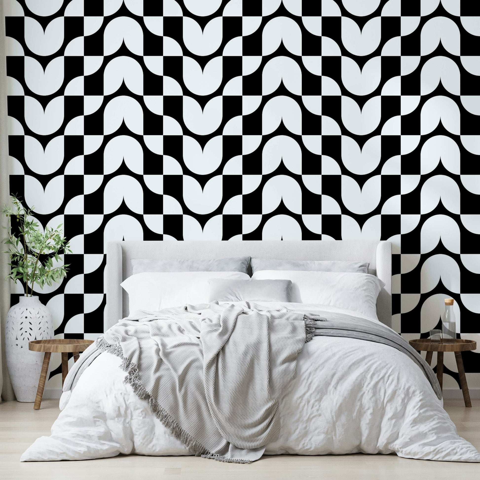 Stylized art deco flower motif wallpaper roll in cream.
