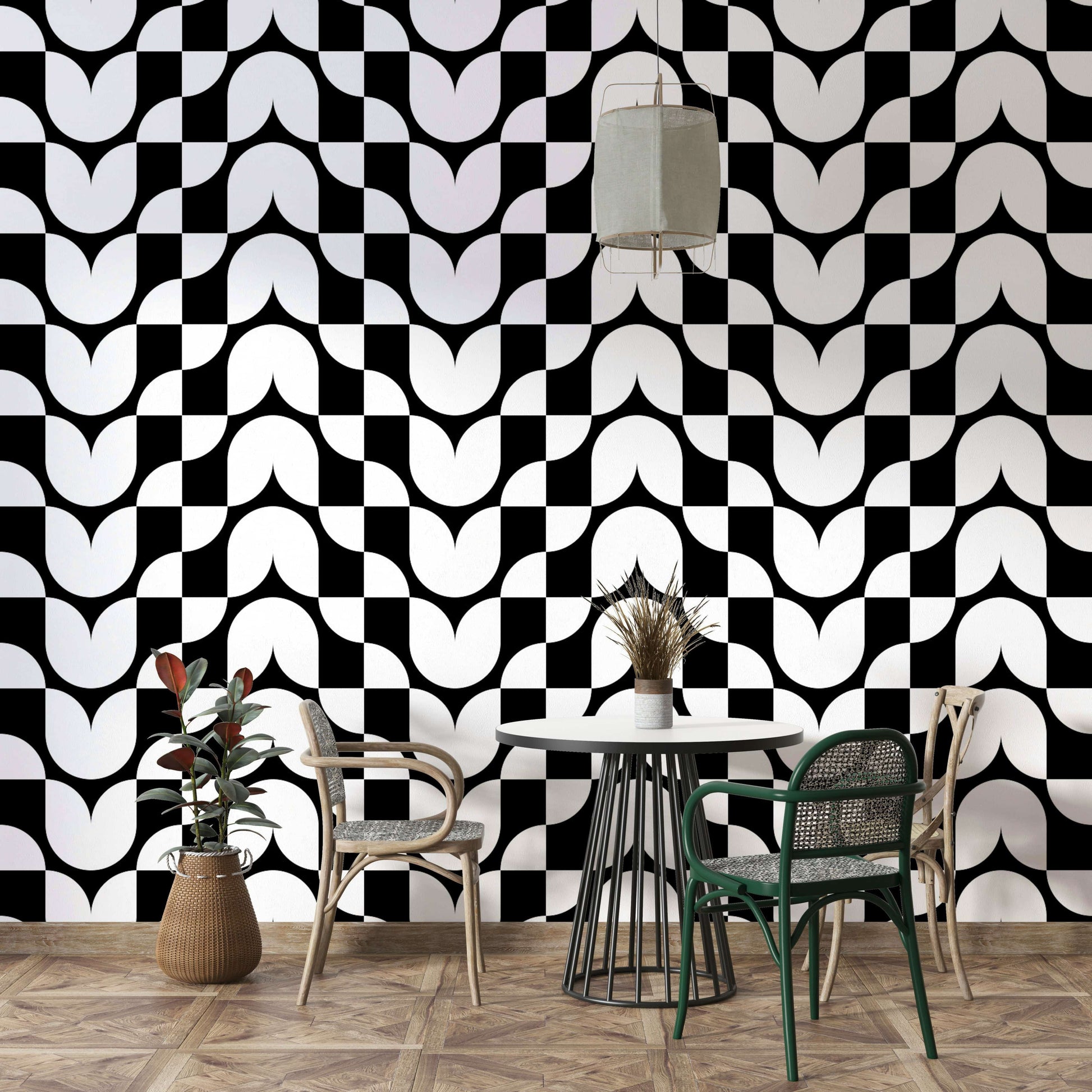 Retro floral pattern wallpaper with tulip silhouettes.
