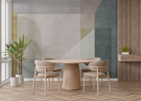Geometric Vector Pastel wallpaper mural styled along a hallway feature wall near a console in a multicolour palette