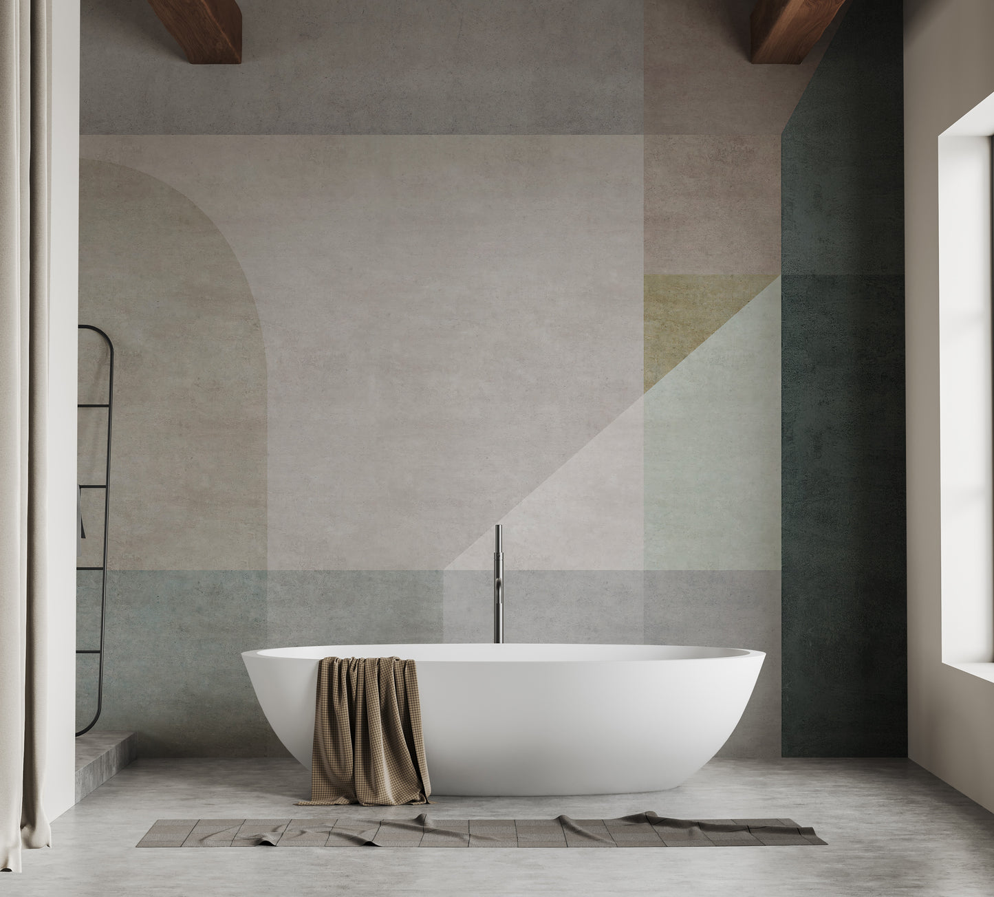 Geometric Vector Pastel wallpaper mural as a feature wall in a home office workspace in a multicolour palette