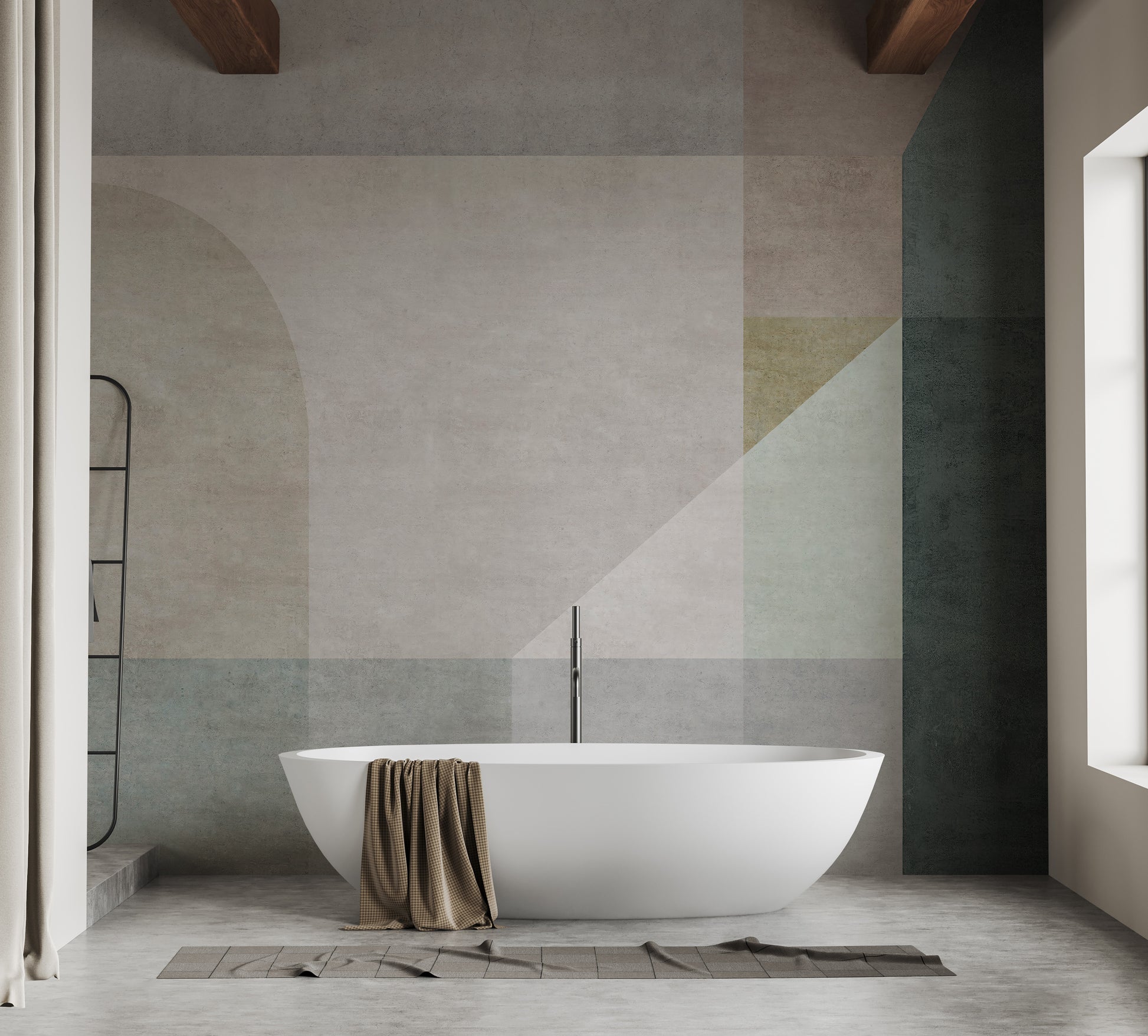 Geometric Vector Pastel wallpaper mural as a feature wall in a home office workspace in a multicolour palette