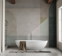 Geometric Vector Pastel wallpaper mural as a feature wall in a home office workspace in a multicolour palette