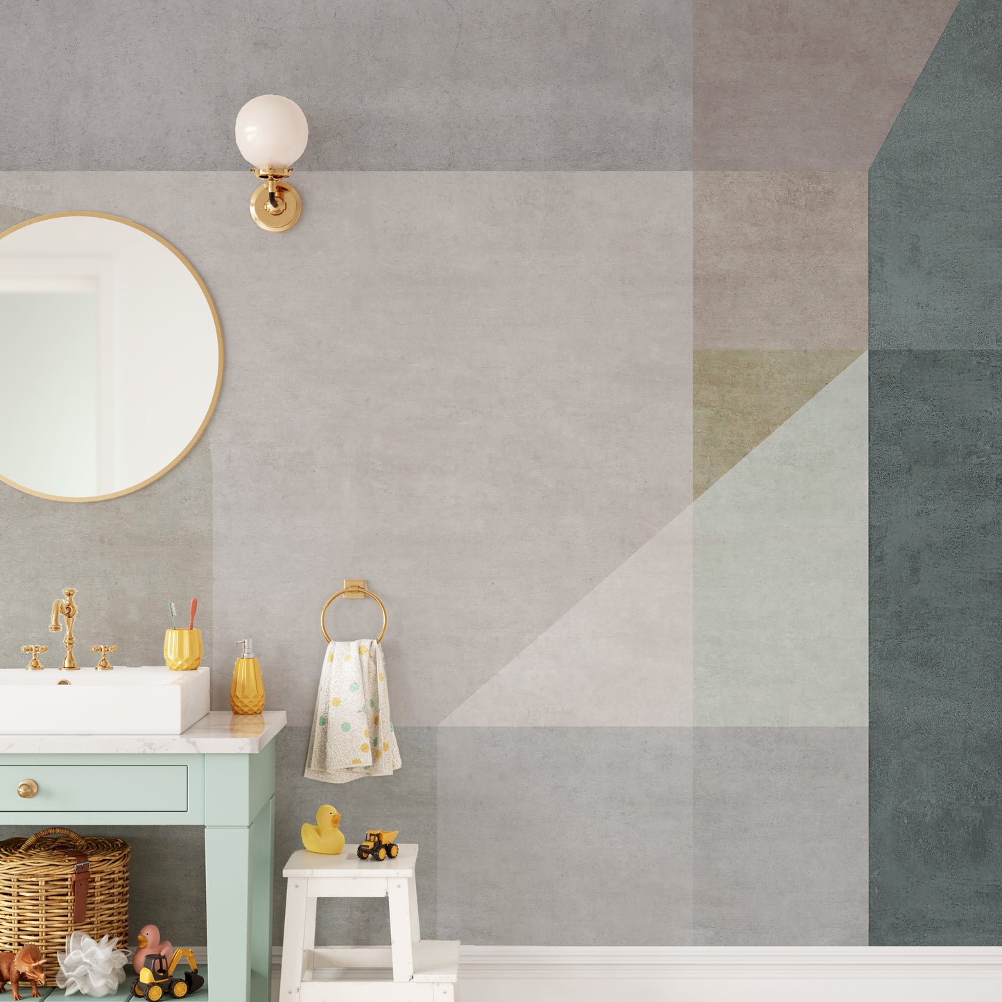 Geometric Vector Pastel wallpaper mural styled as a feature wall behind a dining table and chairs in a multicolour palette