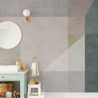 Geometric Vector Pastel wallpaper mural styled as a feature wall behind a dining table and chairs in a multicolour palette