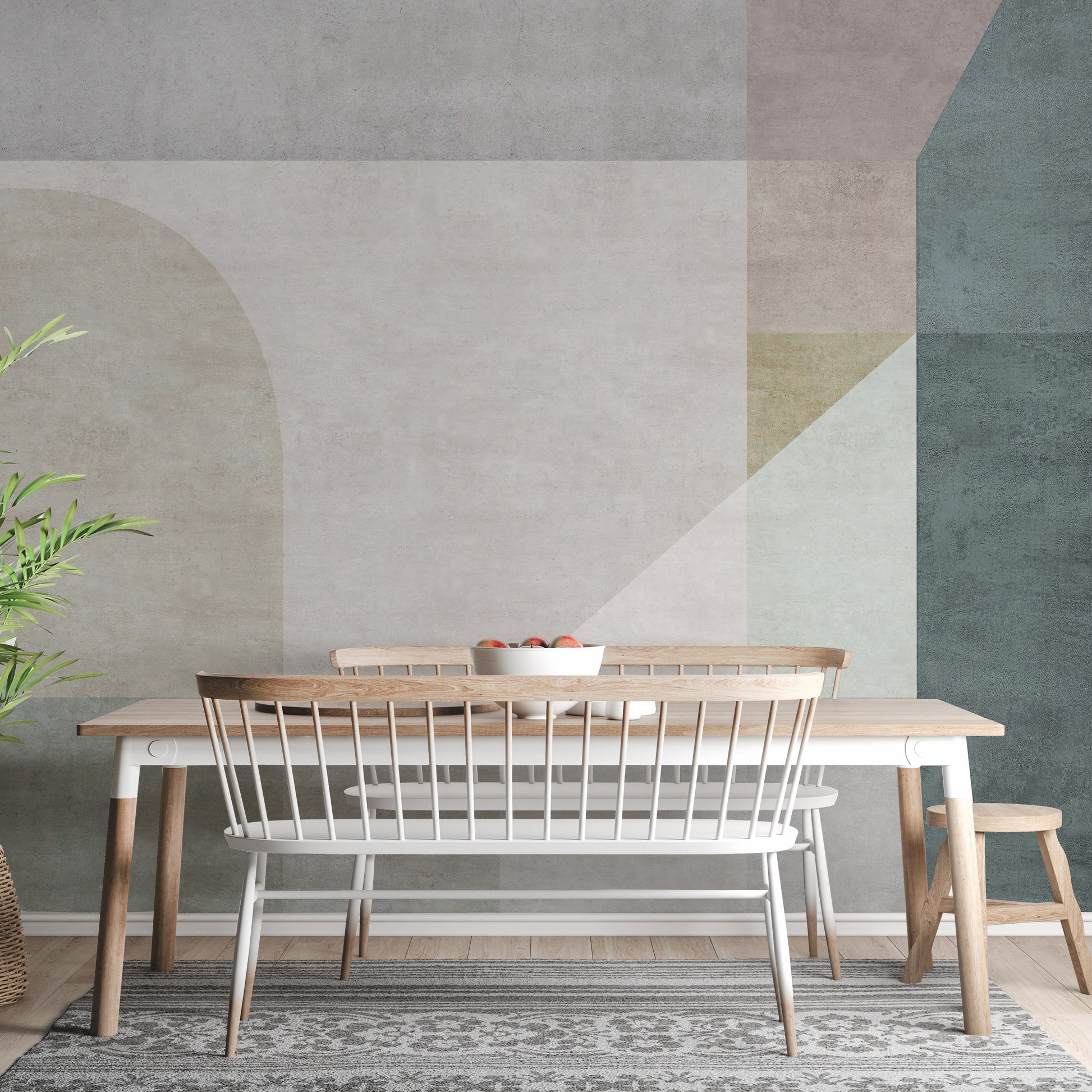 Geometric Vector Pastel wallpaper mural as a bedroom feature wall behind the headboard in a multicolour palette