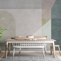 Geometric Vector Pastel wallpaper mural as a bedroom feature wall behind the headboard in a multicolour palette