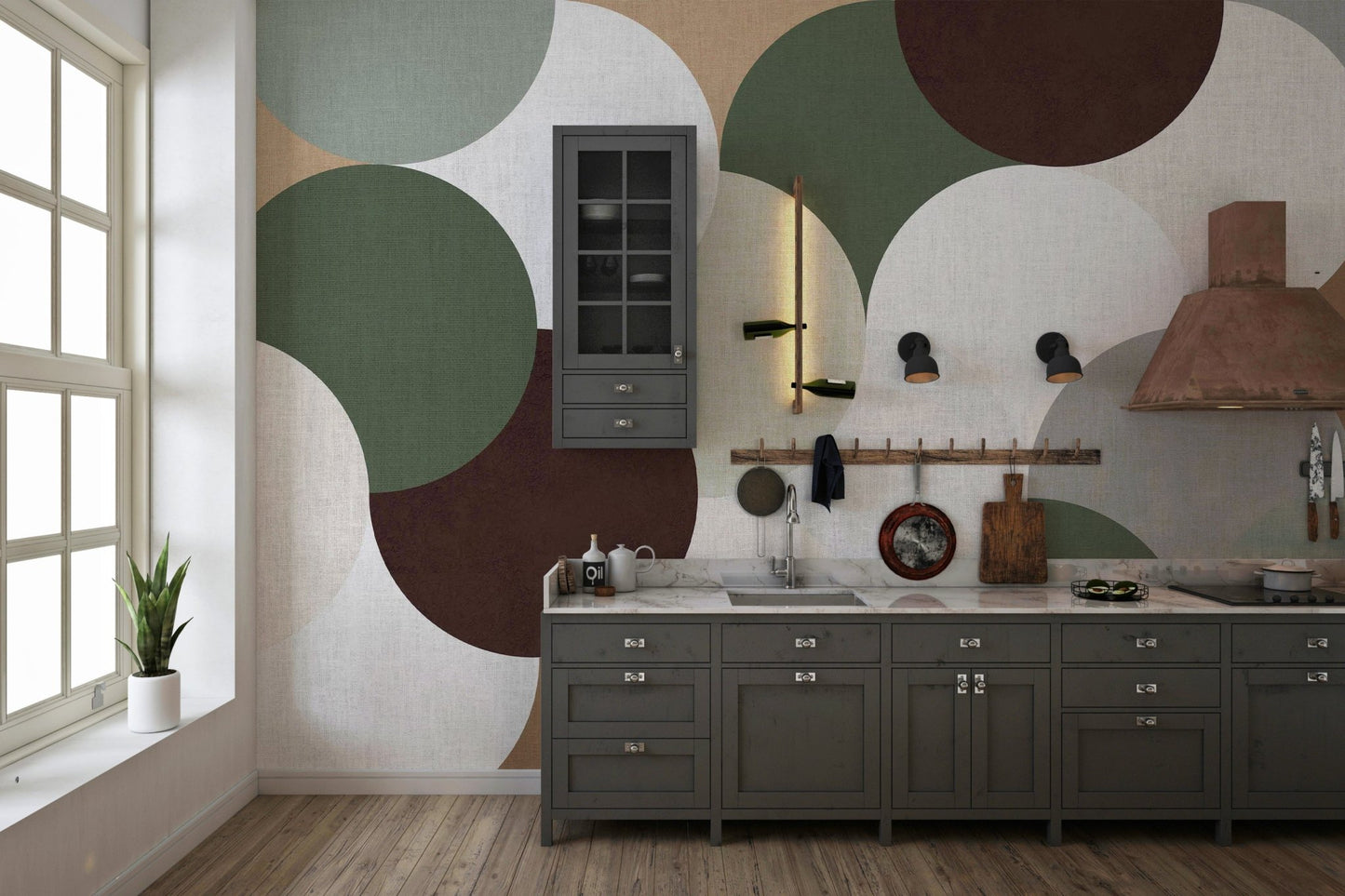 Colorful overlapping shapes in geometric wall mural

