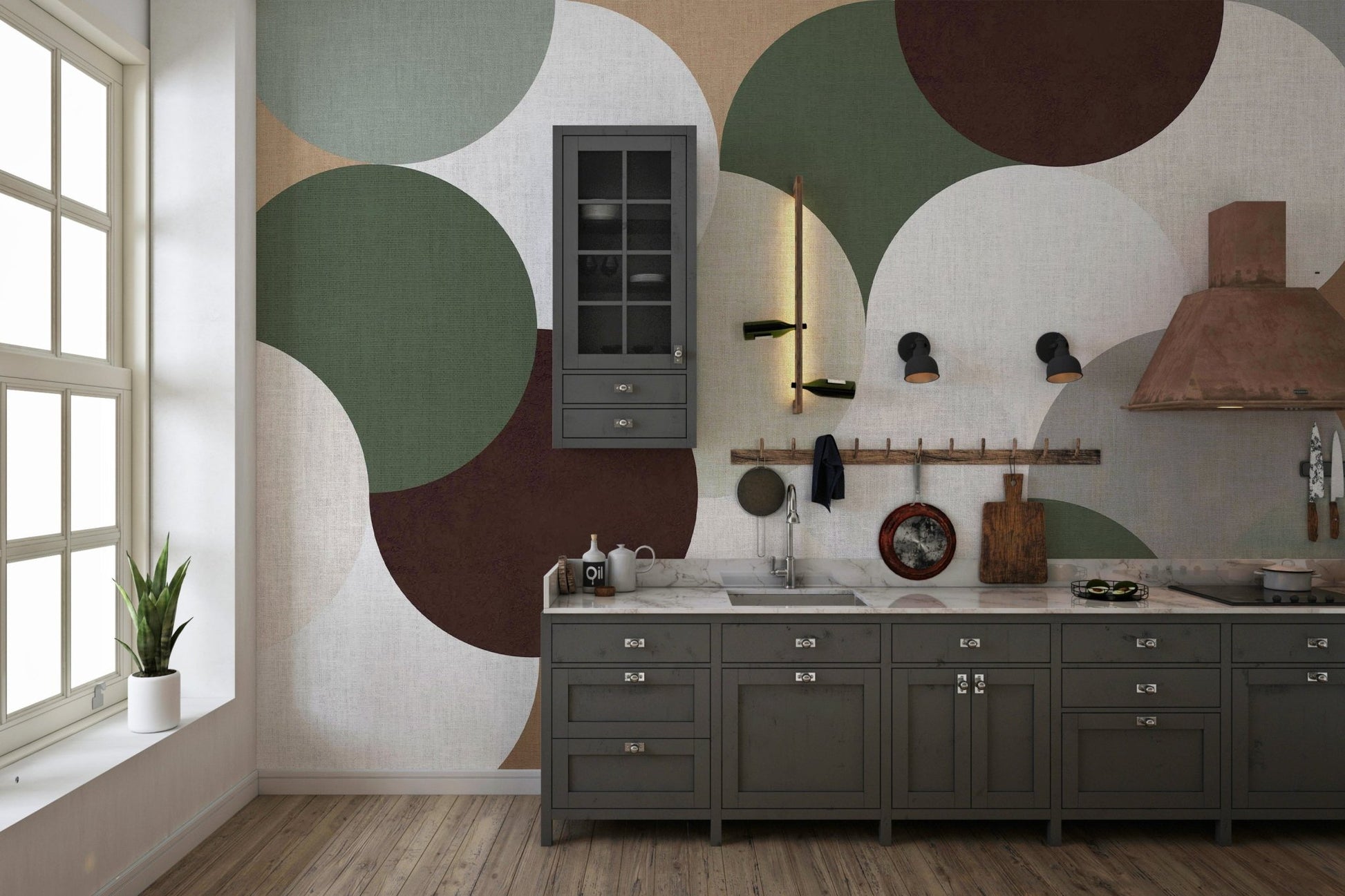 Colorful overlapping shapes in geometric wall mural

