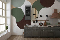 Colorful overlapping shapes in geometric wall mural

