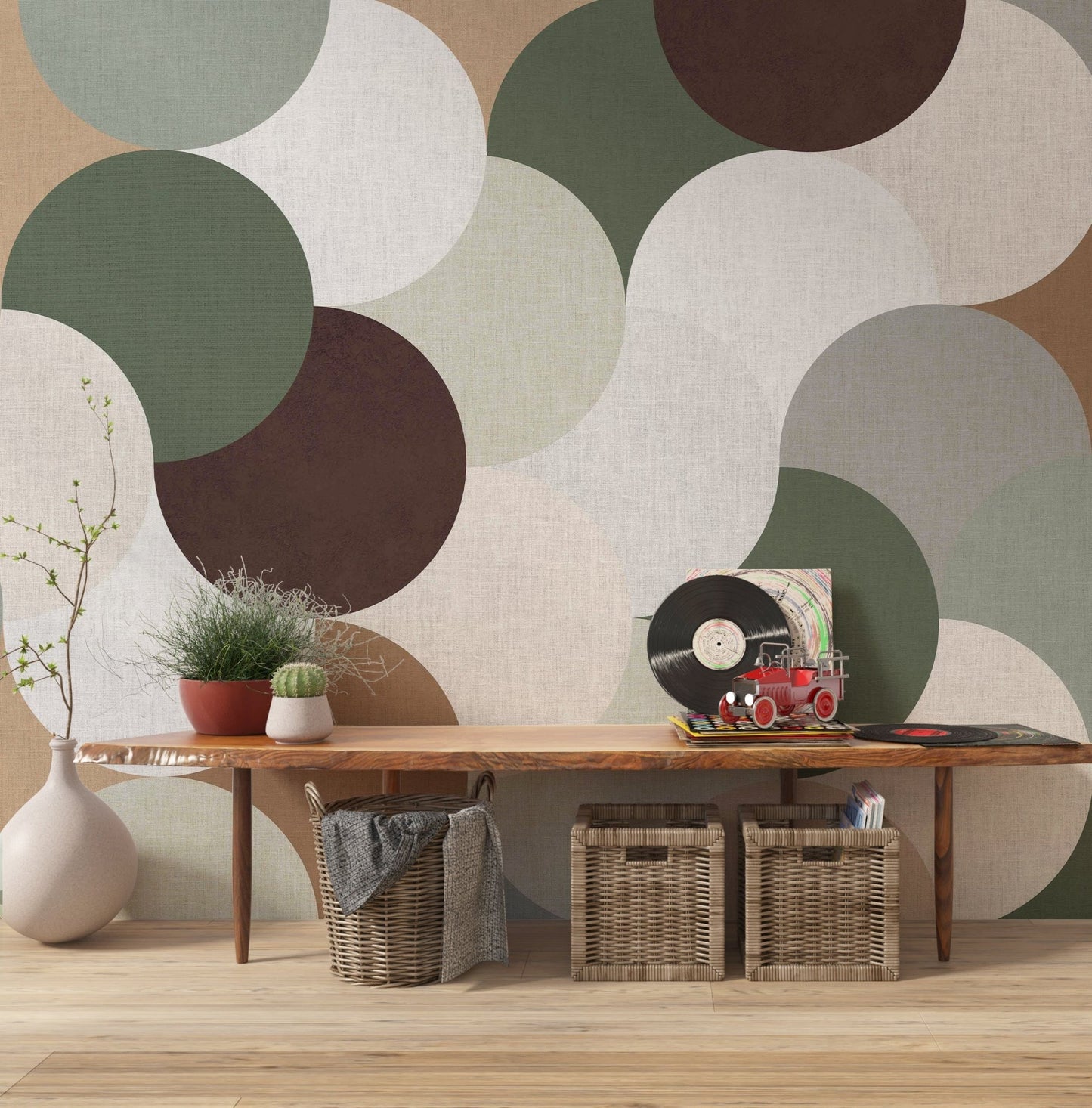 Modern living room with geometric wall design

