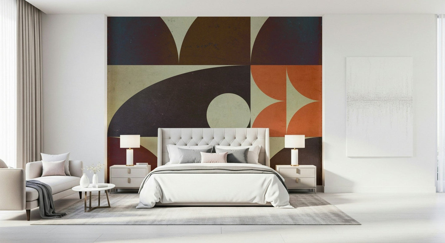 Geometrica fall design featuring chocolate brown quadrants on decorative wall covering.