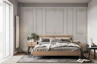 Georgian White Wood Molding Panel wallpaper mural styled along a hallway feature wall near a console in white tones