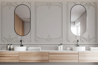 Georgian White Wood Molding Panel wallpaper mural as a feature wall in a home office workspace in white tones