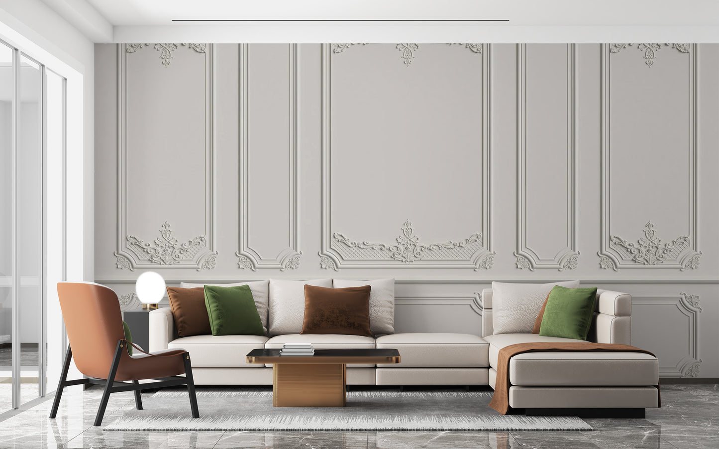 Georgian White Wood Molding Panel wallpaper mural styled as a feature wall behind a dining table and chairs in white tones