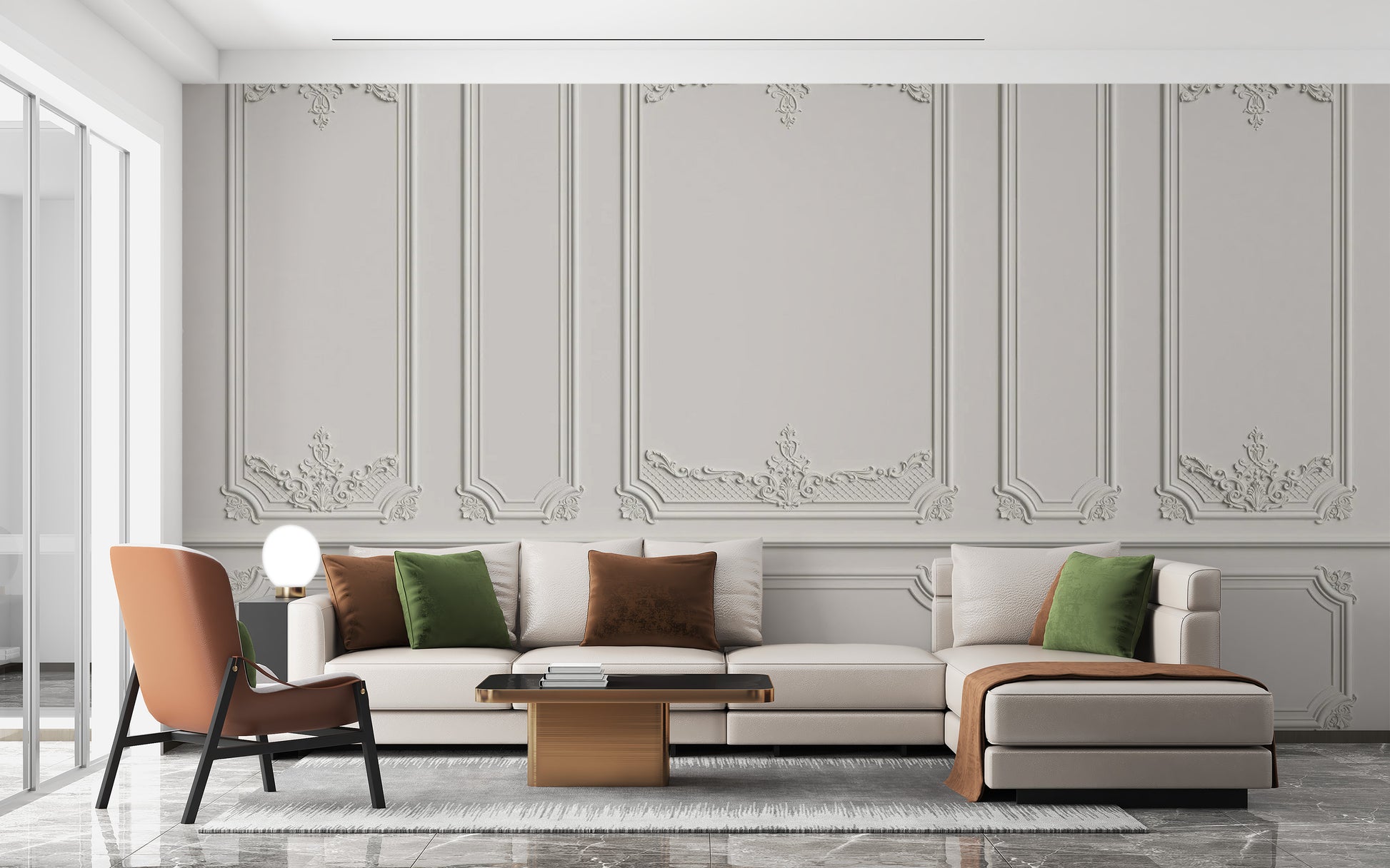 Georgian White Wood Molding Panel wallpaper mural styled as a feature wall behind a dining table and chairs in white tones