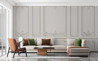 Georgian White Wood Molding Panel wallpaper mural styled as a feature wall behind a dining table and chairs in white tones