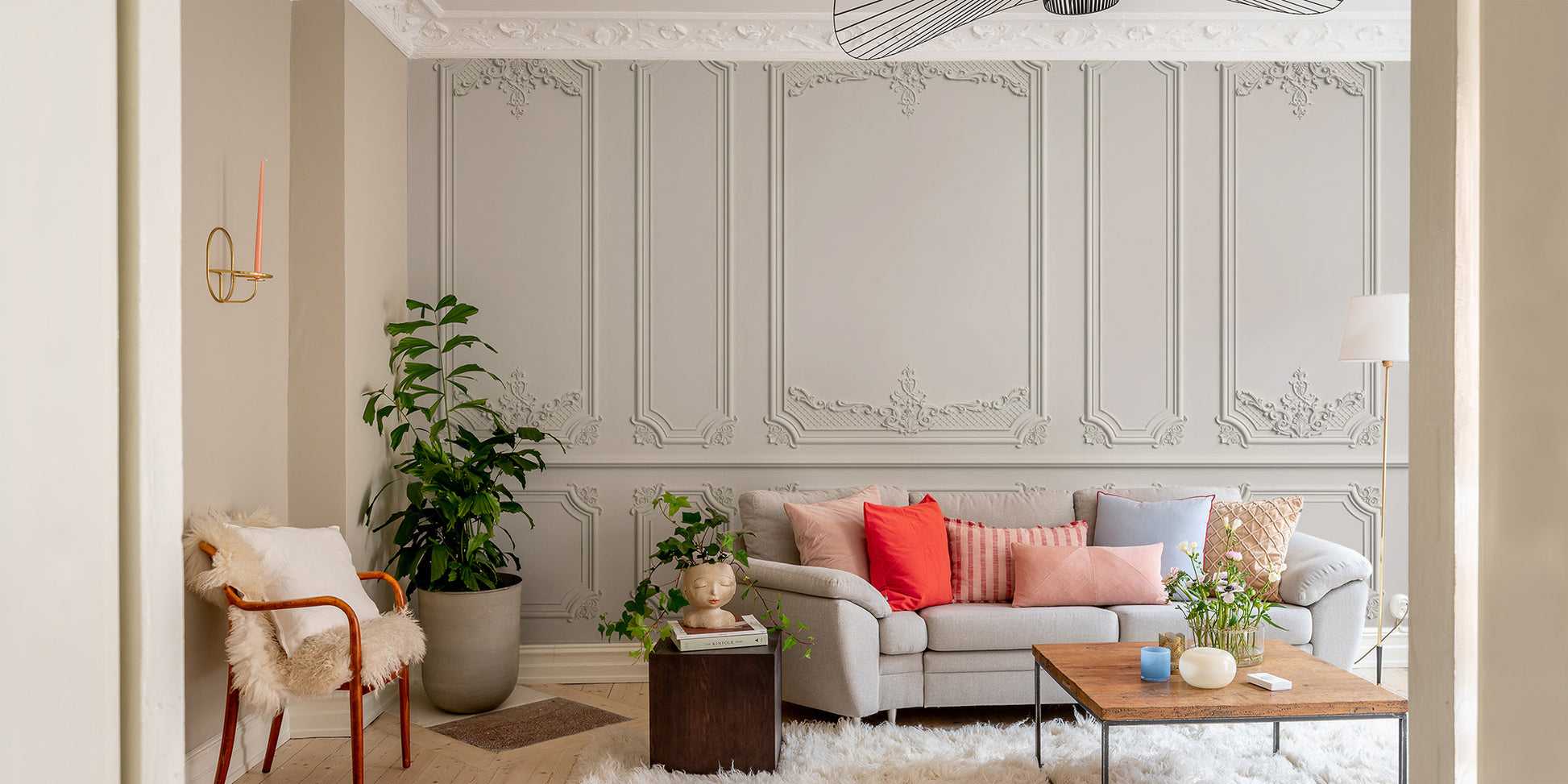 Decorative white panel wallpaper mural design
