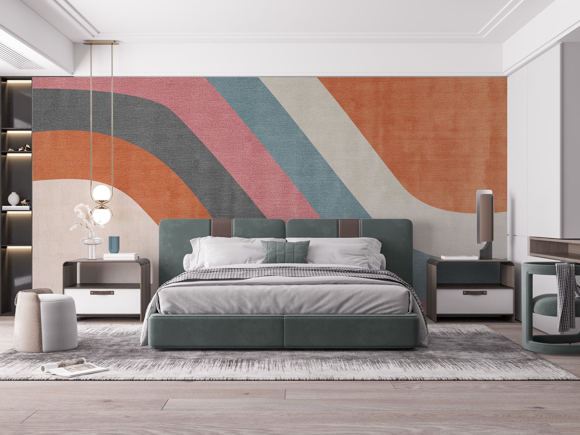 Abstract Waves wallpaper mural in orange, pink and teal in a bedroom behind a green bed with gray bedding