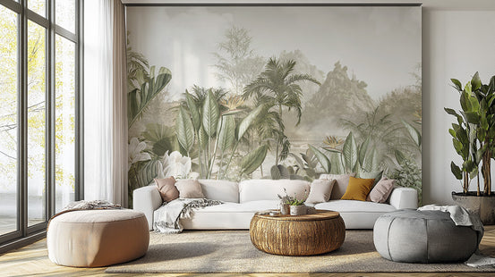 Ethereal Jungle Panorama mural in misty sage greens behind a white sofa and round woven coffee table in a living room